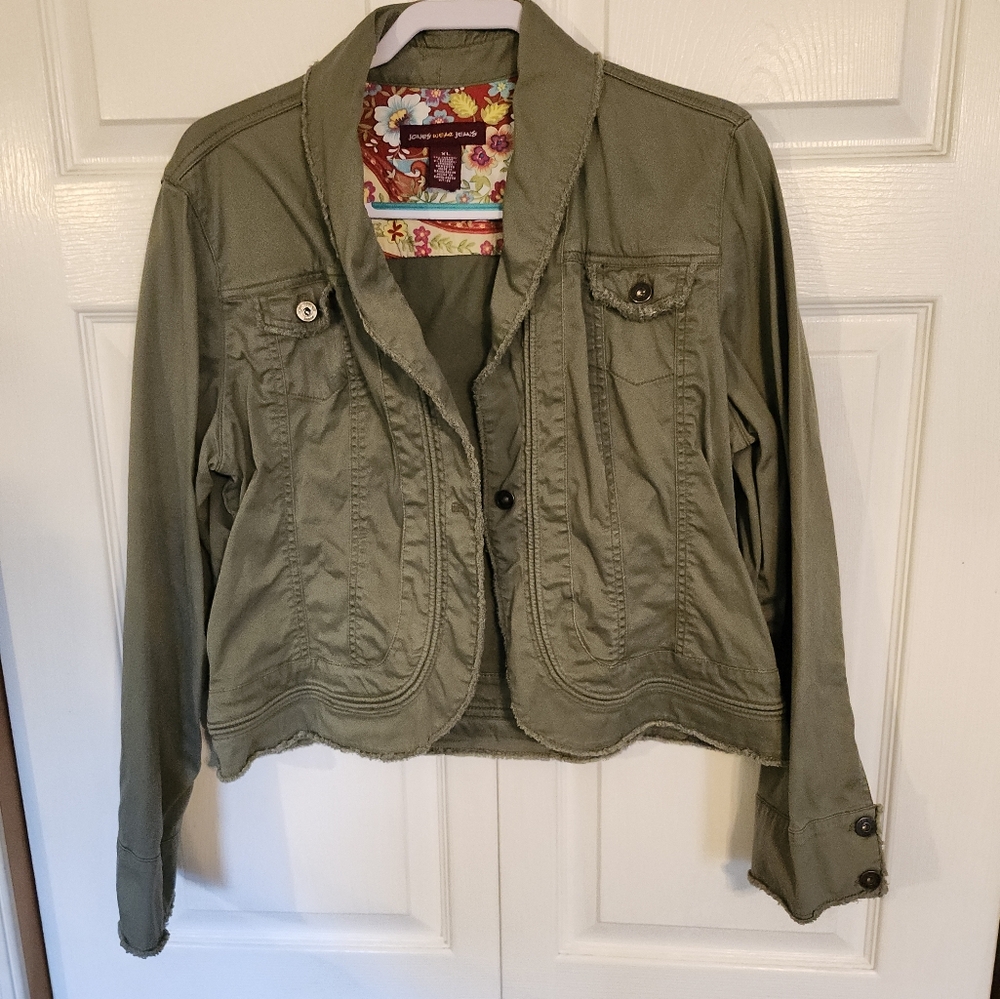 Jones Wear Jeans Sage Green Cotton Stretch Button Up Raw Hem Jacket Womens XL